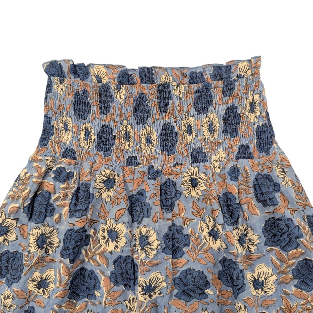 FITZROY & WILLA Cotton Maxi Skirt M Floral Blue Ruffle Hem Stretch Waist Smocked - Picture 4 of 8